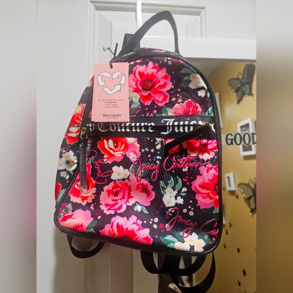 Juicy Couture Black and Pink Backpack with Floral Design